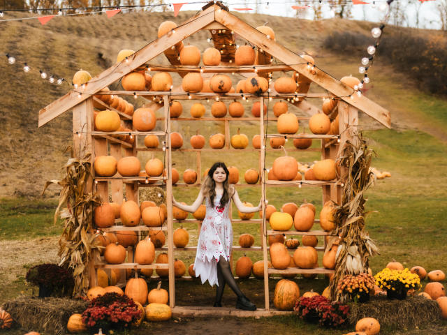 A photo of TinaRedly standing in front of a wooden pumpkin structure. She's wearing a white, lace dress with red floral patterns and black boots. TinaRedly has dark hair and pale skin. The structure is filled with orange pumpkins, with corn stalks on either side. String lights hang overhead. The ground has small plants, including red and yellow flowers. The background is a grassy hill. The image has a festive, autumnal vibe.