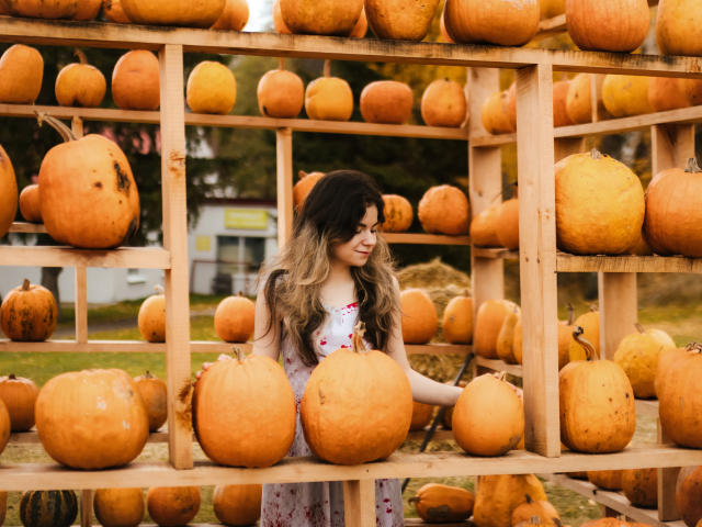 TinaRedly stands among wooden shelves filled with large, orange pumpkins. She has long, wavy, dark-to-blonde ombre hair and wears a white dress with red floral patterns. She's looking to her right, touching a pumpkin with her right hand. The wooden shelves are stacked with pumpkins, creating a dense, orange pattern. The background is blurry, focusing on TinaRedly and the pumpkins. Natural light highlights the pumpkins' textures. The image has a warm, autumnal vibe.