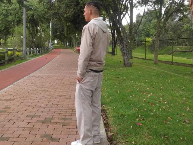 AlaiaLiam, in piedi su un vialetto di mattoni, indossa una felpa grigia e pantaloni, con le mani in tasca, guarda di lato, tiene un telefono, in un parco verde..