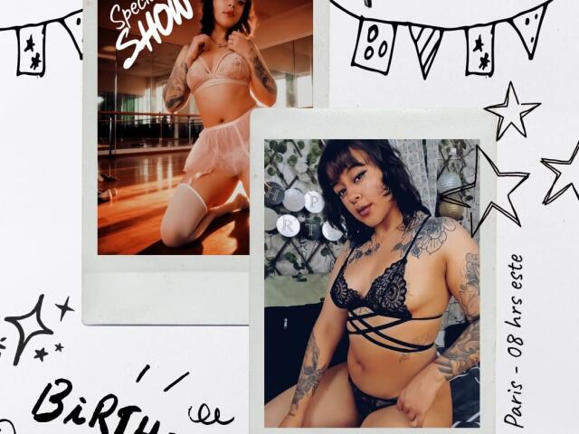 DaisyFx in pink lingerie with white thigh-highs, showing her small tits and pussy, tattooed, kneeling. DaisyFx in black lace lingerie, showing her small tits and tattooed, sitting.