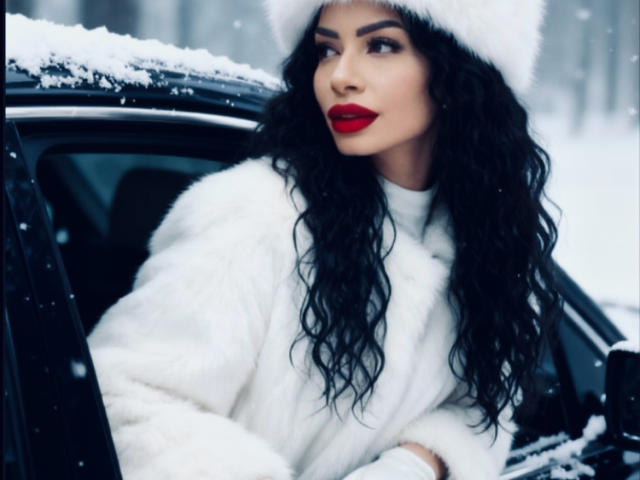 A portrait of MissAvaNoire in a snowy setting. She has long, wavy black hair and wears a white furry hat and coat. Her bright red lipstick contrasts with her fair skin. She leans out of a black car, snow on the car's roof and windshield. The background is blurred with falling snow, emphasizing the cold, wintry atmosphere. The composition highlights her striking features and stylish winter outfit. The image is sharp with a focus on MissAvaNoire's confident expression.
