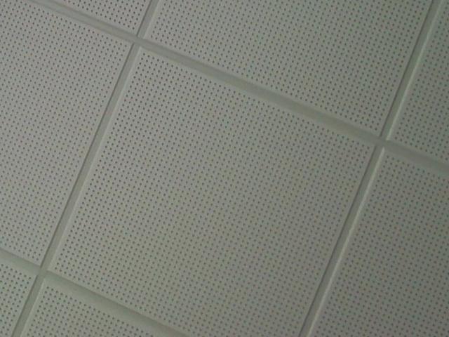 ceiling with white tiles, each tile has a pattern of small, evenly spaced, dark dots, square grid layout, minimal shadows, flat texture, boring as fuck.