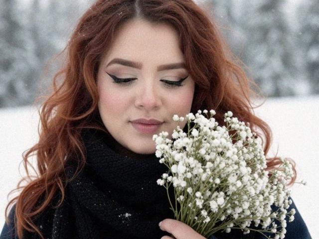 DannaXFerluccio with red hair, holding a bouquet of white baby's breath, wearing a black scarf, eyes closed, looking serene in a snowy landscape.