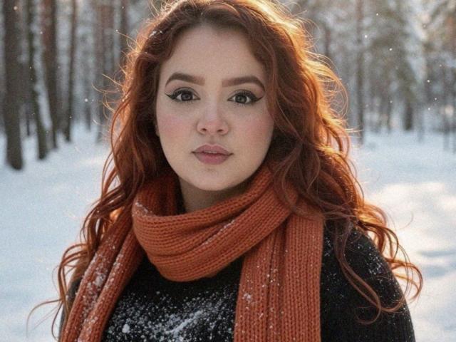DannaXFerluccio has red curly hair, a thick orange scarf, and is wearing a black sweater with snow on her. She's looking at the camera with a serious expression.