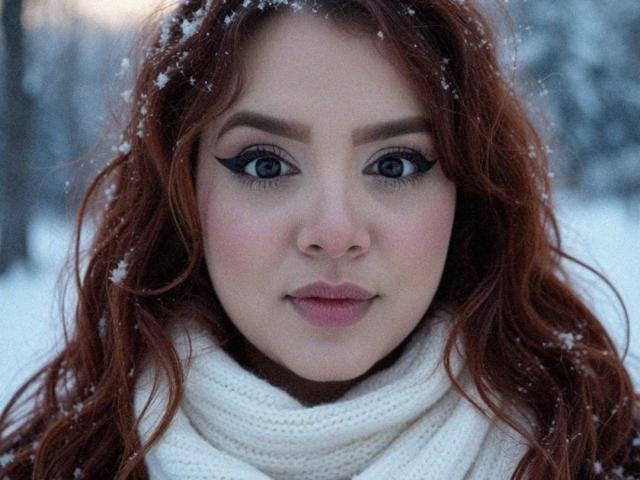 DannaXFerluccio tem cabelo ruivo, neve no cabelo, olhos azuis com delineador preto, e um cachecol branco de tricô, com um rosto fofo e levemente rosado em um cenário nevado..
