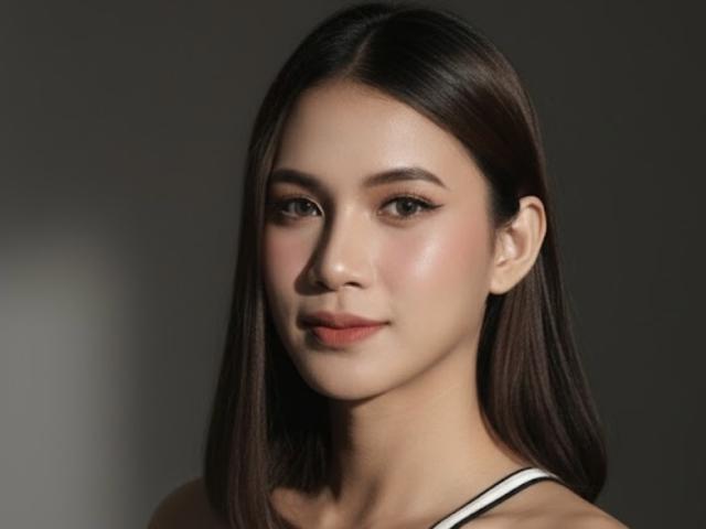 PreciousHorny has smooth, fair skin, straight brown hair, and subtle makeup. She's wearing a white strap top, looking calm with a slight smile. Her tits are small.