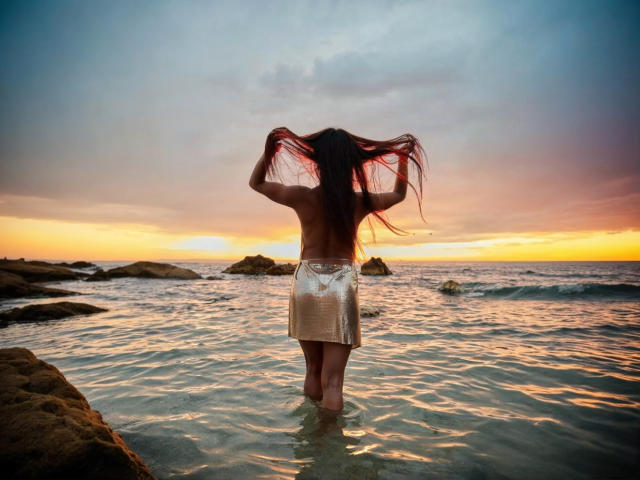 MaryLoveX stands in shallow water, back to camera, topless, with hands in long brown hair, wearing a shiny silver skirt, at sunset. Rocks in water, colorful sky.