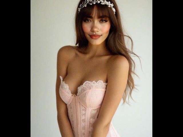 IsabelaLoben with long brown hair, wearing a pink lace corset, showing her tits, and a flower crown, smiling slightly, standing against a plain white wall.