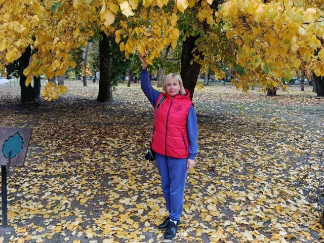 LaurenWishy stands in a park, surrounded by yellow autumn leaves. She's wearing a red puffer vest over a blue jacket and blue pants. Her right arm is raised, pointing at the leaves. She has blonde hair and a slight smile. A black bag is slung over her right shoulder. The ground is covered in yellow leaves, and a tree with yellow leaves is behind her. A blue leaf-shaped sign is on the left. She wears black sneakers. The composition is balanced, with LaurenWishy centered and the yellow leaves creating a vibrant contrast.
