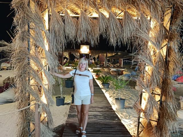 A woman stands in a beach hut with a thatched roof, holding onto the frame with her right hand. She has blonde hair, wears a white t-shirt and beige shorts, and is barefoot. The hut's walls are made of dried grass, illuminated by warm lights. Potted plants line the sandy path behind her. The night sky is visible in the background. LaurenWishy is centered in the image, with a relaxed, casual posture. The overall composition emphasizes natural textures and beachy ambiance.