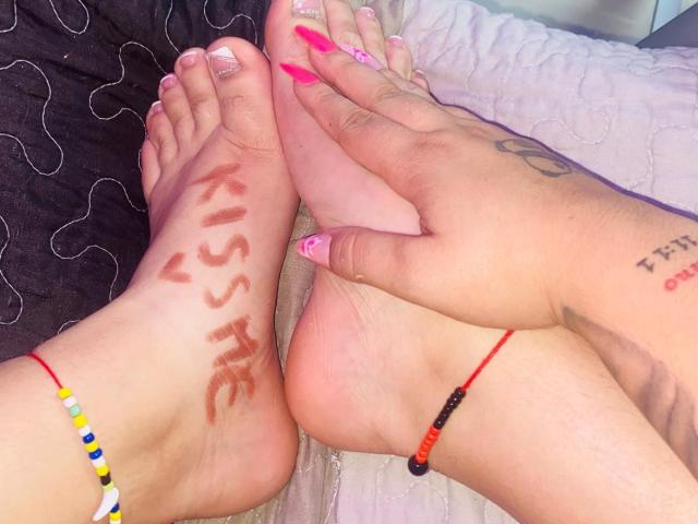 MelodyBlossom's feet with pink nails, one showing "MISSY" in brown marker. Her hands with beaded bracelets, one tattooed. She's touching her feet, showing pink toenails.