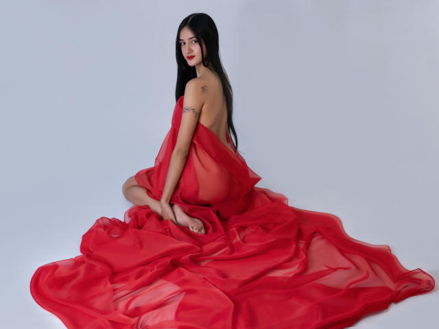 TaylorDiamons sitting on a red, sheer, flowing cloth, back to camera, looking over shoulder, long black hair, small tattoo on upper arm, red lipstick, bare ass, soft light.