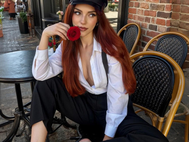 ZoeeMar with red hair, wearing a white shirt and black pants, sits on a chair, holding a red rose to her lips, looking to the side. Boobs slightly visible.