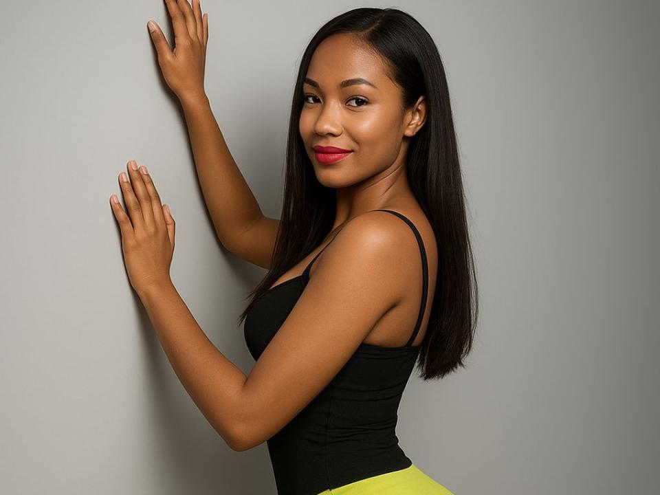 HotGirlvina69 with medium brown skin, black straight hair, red lipstick, black tank top, and yellow skirt, hands on gray wall, side profile, smiling. Boobs visible under tank top.