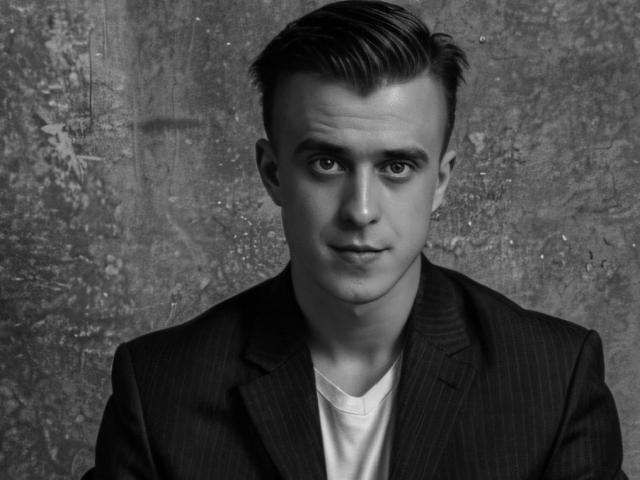 JhonShelby has a serious face, short slicked-back hair, and is wearing a pinstripe suit over a white tee. He's a hot dude with a handsome look.