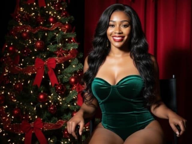 AstridDaviz, a dark-skinned woman with long, wavy black hair, sits on a chair. She wears a green velvet strapless bodysuit, showcasing her cleavage. Her bright red lipstick contrasts with her smile. A decorated Christmas tree with red ornaments, ribbons, and lights stands to her left. The red curtain in the background adds warmth to the scene. The composition highlights AstridDaviz's confident, festive presence.