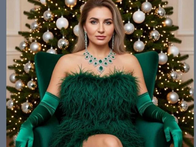 ChaudeEvely with green feather dress, matching gloves, and diamond necklace, sitting in green chair, wearing green earrings, looking at camera, Christmas tree with silver ornaments in background.