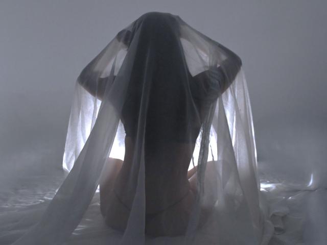ElaStone, mit dem Rücken zur Kamera, trägt ein durchsichtiges weißes Schleier, der ihren Hintern freilegt, sie kniet auf einem Bett, auf weißer Bettwäsche, bei gedämpftem Licht, der Schleier bedeckt teilweise ihren Kopf und Oberkörper..