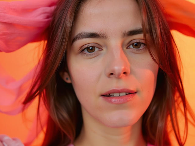 Close-up of GlamMegi with light skin and brown eyes. She has long, brown hair with a pink scarf partially covering her head. Her lips are slightly parted, revealing her teeth. The background is a bright orange, contrasting with her skin and hair. She has small, black ear studs. The image uses soft lighting and has a slight red tint on the right side of her face. The focus is on her face, with a slight blur on the scarf. Her expression is neutral, and her eyebrows are dark and slightly arched.