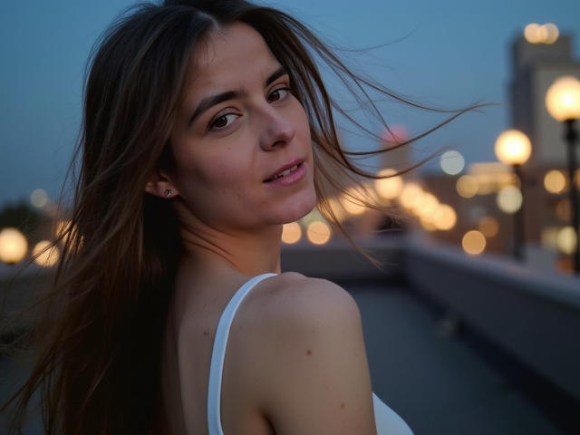 GlamMegi with long brown hair, white tank top, and earrings, looking back with a slight smile, dusk sky, city lights, bokeh, soft lighting, subtle makeup, gentle expression.