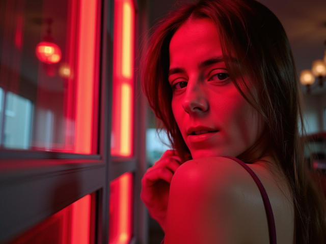 GlamMegi has long brown hair, looking over her shoulder with a slightly serious expression. Red neon light casts a strong glow on her face and shoulder. She's wearing a thin-strapped top, and her right hand touches her neck. The image has a modern, urban vibe with sharp neon light reflections on the glass panels. The light highlights her fair skin and subtle makeup. The overall composition is sharp and focused.