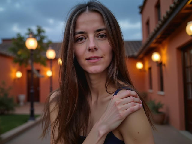 GlamMegi has long brown hair, brown eyes, and a slight smile, wearing a dark blue top, with one hand on her shoulder, in a softly lit, evening setting.