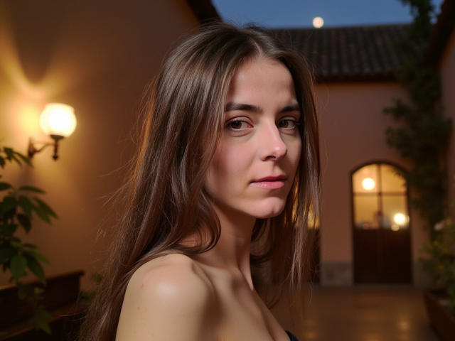 Close-up of GlamMegi with long, straight brown hair, light skin, and subtle makeup. She has a neutral expression, slightly parted lips, and is looking directly at the camera. Her right shoulder is visible, showing a black strap. The background has warm, yellow lighting from a wall sconce, a potted plant to the left, and a wooden arched door in the distance. The image has a soft, natural light. The watermark "METART.COM" is in the bottom right corner.