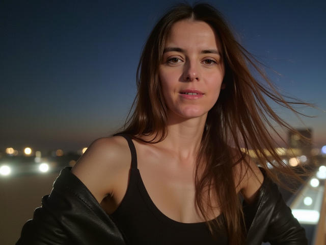 GlamMegi, a young woman with long brown hair, stands in a night-time setting. She wears a black tank top and a black leather jacket, slightly off her shoulders. Her hair blows to the right, and she looks directly at the camera with a slight smile. The dark blue sky and blurred city lights are in the background. The lighting highlights her face and upper body. The image is sharp with a realistic, cinematic style.