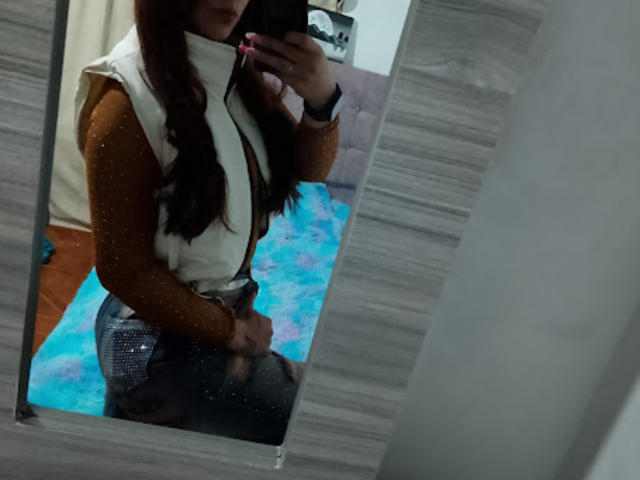 SofiaFountaine with long brown wavy hair, wearing a brown long-sleeve top, white vest, grey sparkly pants, and a black watch, taking a mirror selfie.