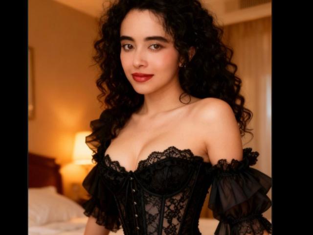 VivienneLaurent with curly black hair, wearing a black lace corset that highlights her tits, smiling with red lipstick, in a warmly lit bedroom.