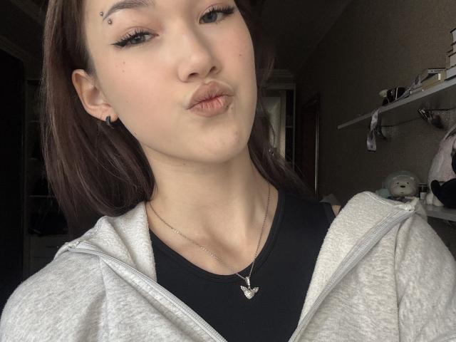 LixDomii has pouty lips, dark eyeliner, a nose piercing, and a silver butterfly necklace. She's wearing a gray hoodie over a black shirt. Brown hair, light skin.