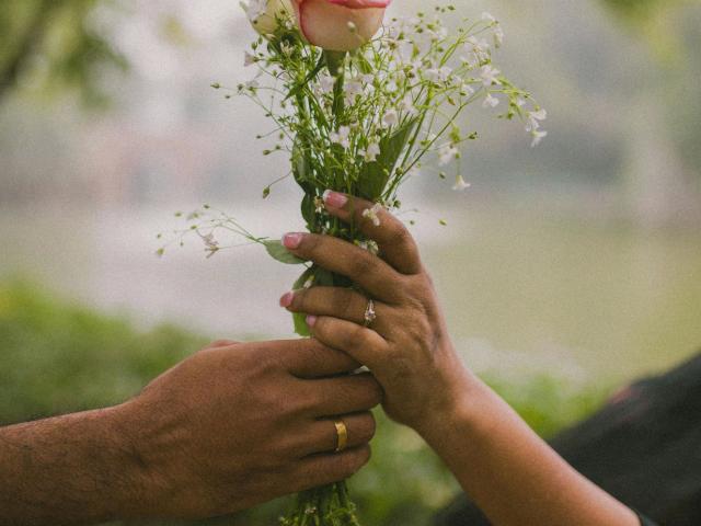 Consento-hot's hands holding a bouquet of white and pink roses with tiny white flowers, fingers with pink nails and gold rings, in a soft, natural light.