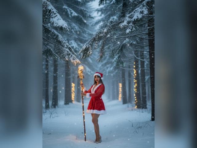 IsabelaLoben with snow-covered forest, wearing red Santa dress, white fur trim, holding lit staff, red Santa hat, standing in snow, dark tree trunks, warm string lights.