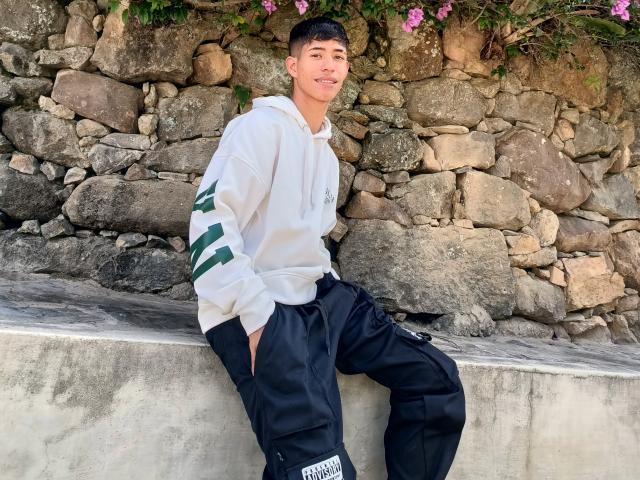 DareckD, young dude with short black hair, white hoodie with green stripes, black pants, hands in pockets, sitting on concrete, stone wall, pink flowers, slightly smiling, casual.