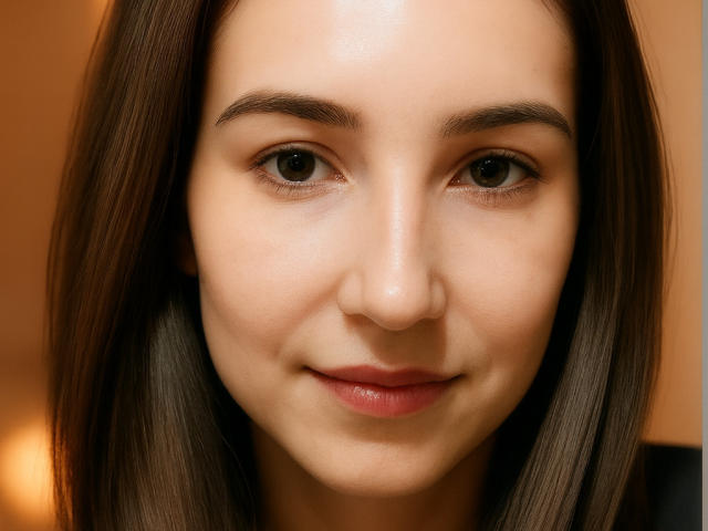 MargeryCass's face, showing smooth skin, brown eyes, and subtle smile, with straight brown hair, and slightly parted pink lips. Her tits are not visible.