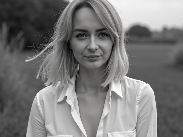 Black-and-white photo of KarenEnergy with blonde hair, wearing an unbuttoned shirt, showing a slight smile, and her tits barely visible, standing in a field.