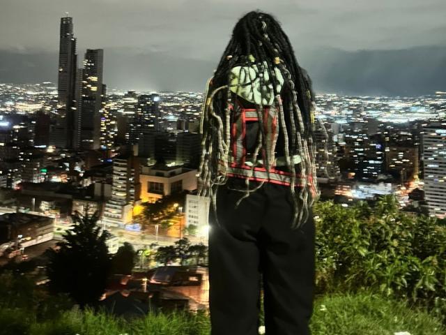 BeckyHuston with long black and white dreadlocks, wearing a green and red hoodie, black pants, standing on a grassy hill, facing a city skyline at night.