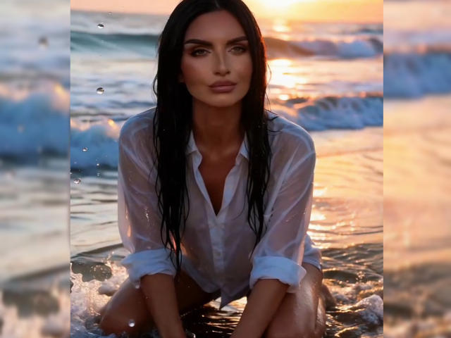 Paola Adams, con i capelli neri bagnati, indossa una camicia bianca trasparente con bottoni, inginocchiata in acque poco profonde al tramonto. Il suo seno piccolo e la camicia bagnata accentuano il suo aspetto sexy e attraente..