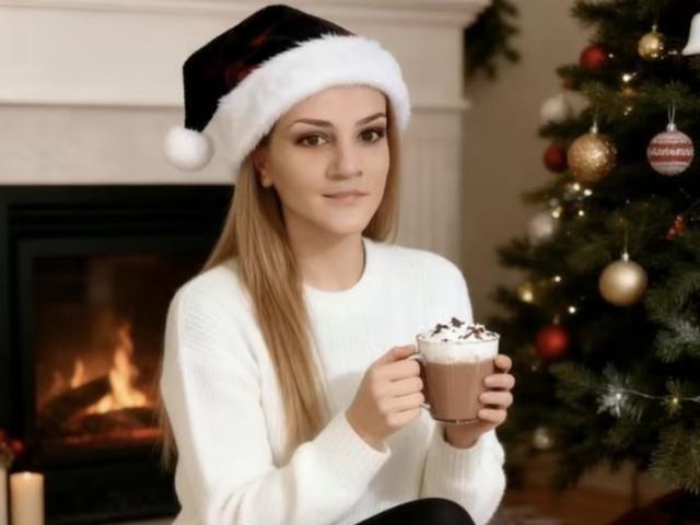 SarahFontain met lang blond haar, een witte trui, een zwarte kerstmuts, die warme chocolademelk vasthoudt, zittend bij een brandende open haard, met een kerstboom met versieringen op de achtergrond..