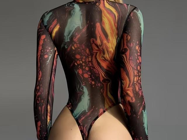 MargoFun wearing a tight, colorful, long-sleeve, high-cut thong bodysuit with abstract, swirling patterns on the back, showcasing her ass and butt crack.