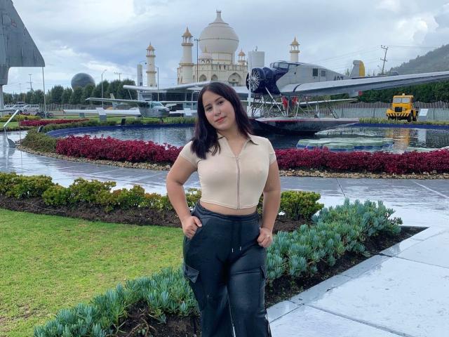 WilSofi with small tits, dark brown hair, tan crop top, black pants, hands in pockets, standing in front of a mosque-like building, overcast sky, wet sidewalk, greenery.
