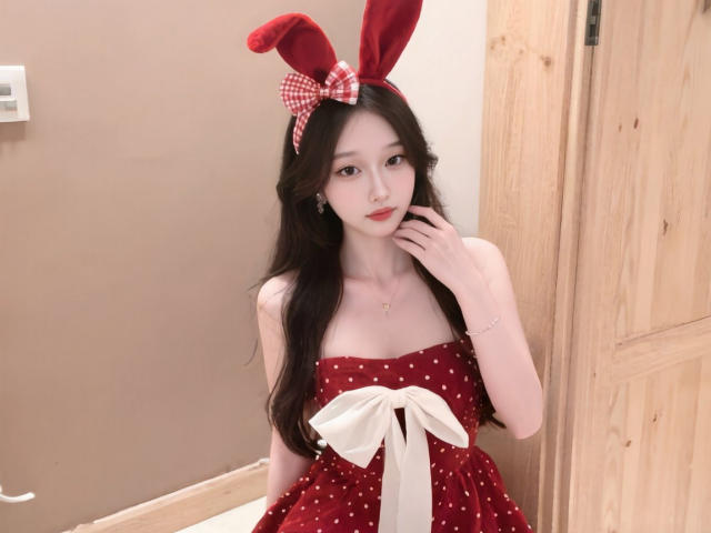 LinlinYa con un vestido rojo de lunares, un lazo blanco, una diadema roja de cuadros con orejas de conejo, cabello negro largo, piel pálida y pechos pequeños, de pie cerca de una puerta de madera..
