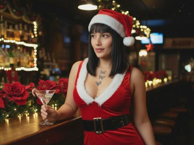 AshlyDeemer in a red Santa dress with white fur trim, black belt, and Santa hat, holding a martini glass, has black hair, butterfly tattoos, and is standing at a bar.