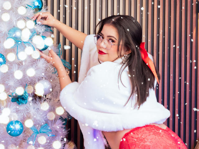 LilyRousee stands beside a silver Christmas tree adorned with blue ornaments, touching a branch with her right hand. She wears a white fur-trimmed cape and red lace skirt, with a red ribbon in her dark hair. She has glasses, red lipstick, and a slight smile. Snow-like dots are scattered across the image. Her pose is slightly turned, looking back over her shoulder. The background features vertical wooden slats. The composition uses bright, festive colors and warm lighting.