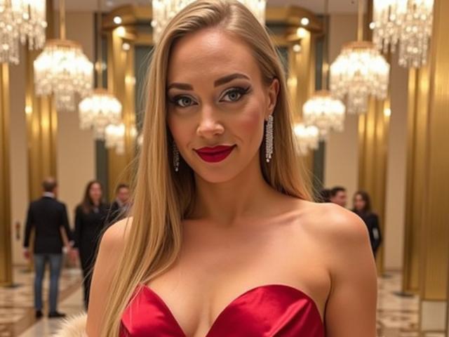 AngeliqueElite with long blonde hair, red strapless dress, showing her tits, red lipstick, and diamond earrings, smiling in a chandelier-lit room, with people in the background.