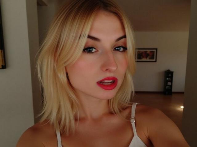 BlondieMelisa has blonde hair, blue eyes, red lipstick, and white strap dress, showing her tits slightly. She's looking at the camera with a slight open-mouth smile.