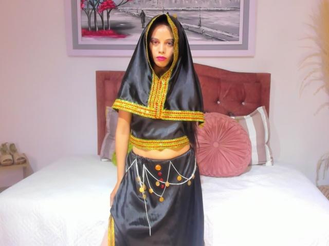 SalmaDarwish with black and gold traditional outfit, veil covering her head, gold embroidery, midriff showing, skirt with gold chains, standing in front of a pink bed.