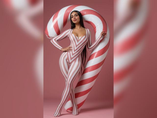 MiilaWx stands in a pink striped, tight, cleavage-revealing bodysuit, holding a giant candy cane with red and white stripes, showing her ass and long dark hair.