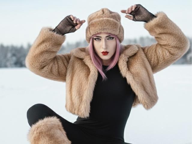 TokyoEvans con un sombrero de piel, abrigo y guantes de rejilla, con cabello rosa y lápiz labial rojo, levantando los brazos, vistiendo un vestido negro y mostrando los puños esponjosos de piel..