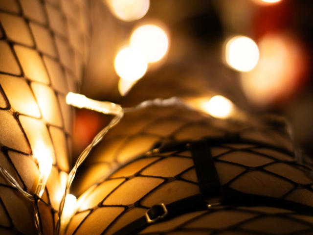 Bailey-hot's butt in fishnet lingerie, illuminated by glowing fairy lights. The warm, golden light highlights the black mesh pattern and leather straps. Boxy, sexy, and sensual.